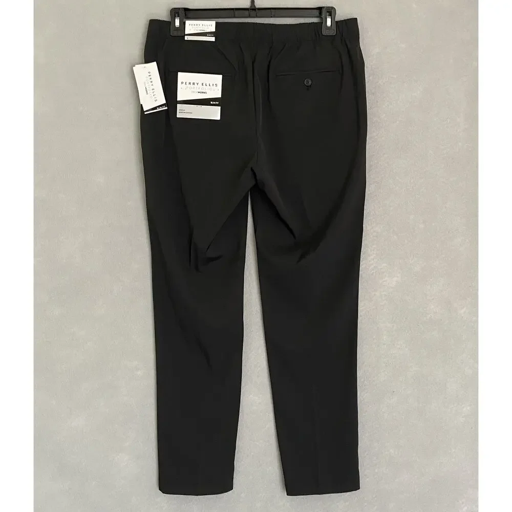Perry Ellis Men's Large Techworks Pant Slim Fit Stretch Drawstring Black NEW